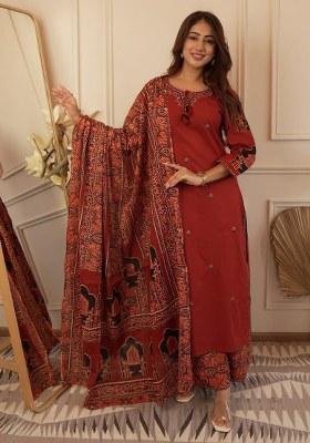 Brown Embroidery Cotton Kurta Set