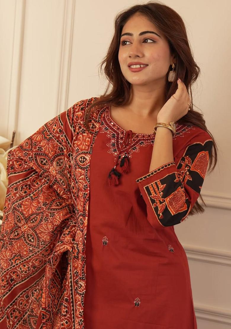 Brown Embroidery Cotton Kurta Set - Indya