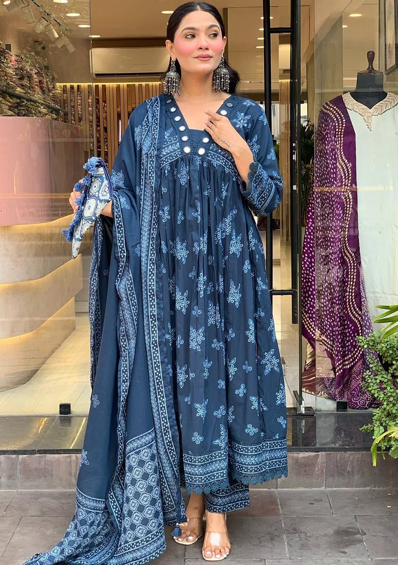 Blue Embroidery Cotton Kurta Set - Indya