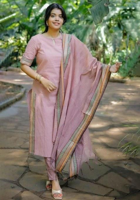 Pink Printed Cotton Kurta Set