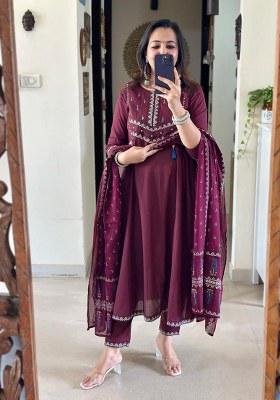 Maroon Embroidery Cotton Kurta Set