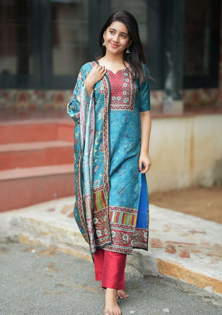 Blue Printed Silk Blend Kurta Set - Indya