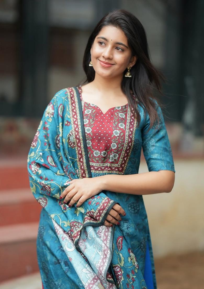 Blue Printed Silk Kurta Set - Indya