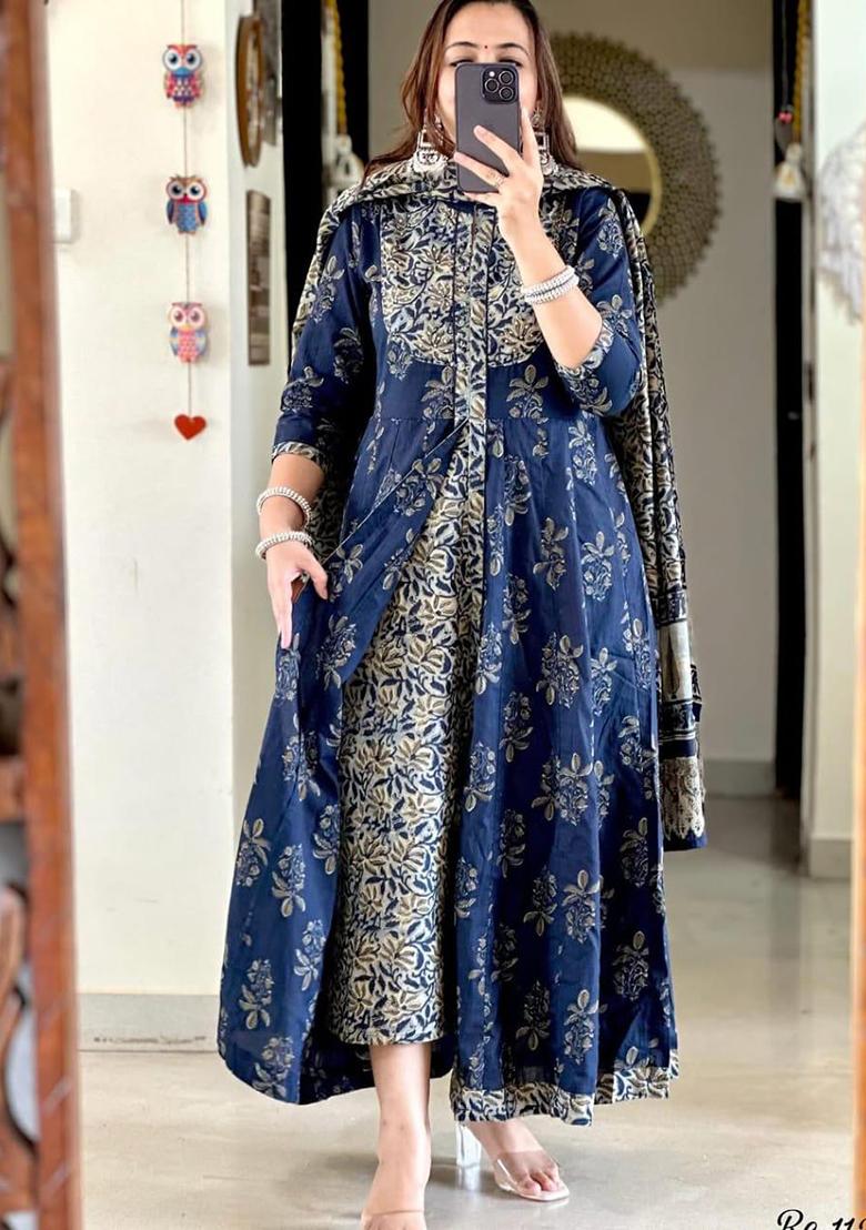 Blue Embroidery Cotton Kurta Set - Indya