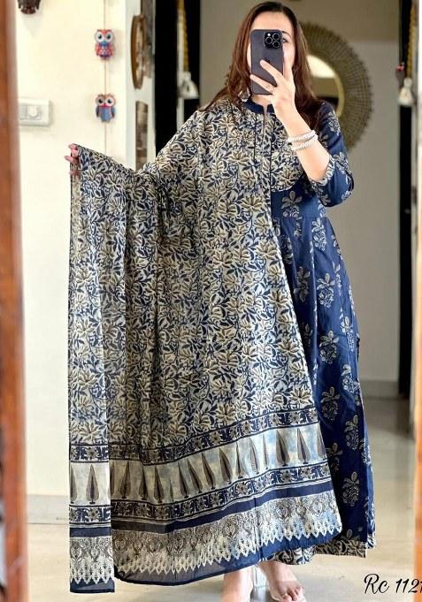 Blue Embroidery Cotton Kurta Set