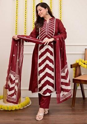 Red Printed Cotton Kurta Set