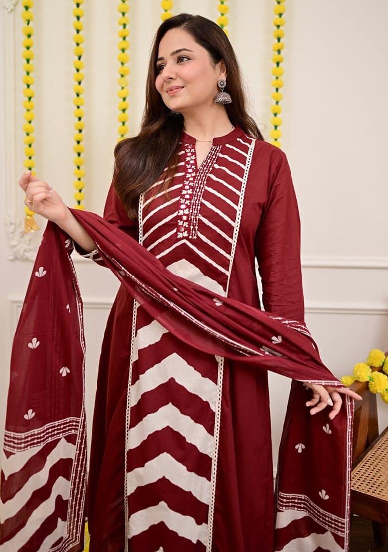 Red Printed Cotton Kurta Set - Indya