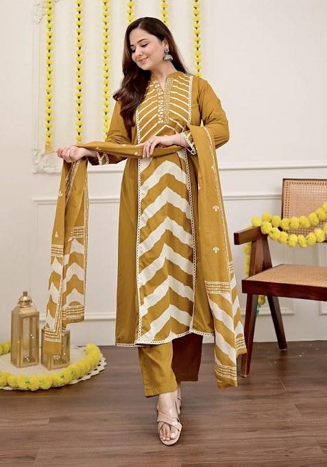 Yellow Printed Cotton Kurta Set