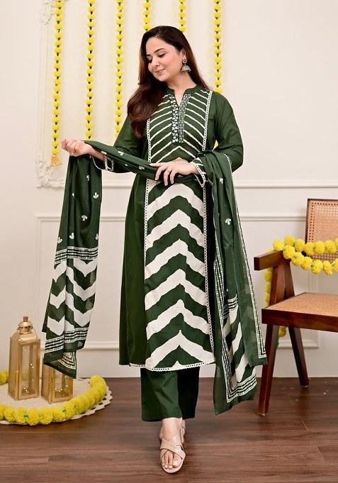 Green Printed Cotton Kurta Set