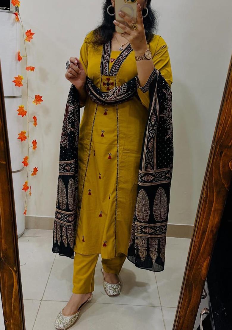Yellow Embroidery Cotton Kurta Set - Indya