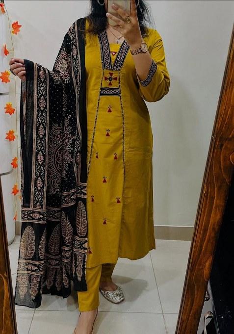 Yellow Embroidery Cotton Kurta Set