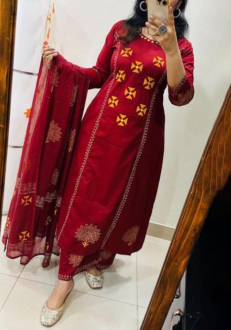 Red Printed Cotton Kurta Set
