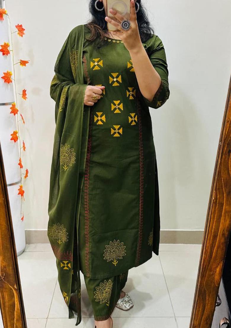 Green Printed Cotton Kurta Set - Indya
