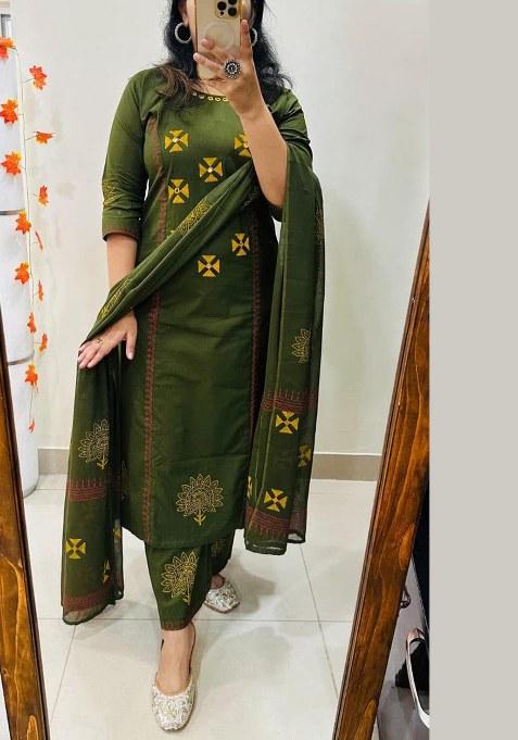 Green Printed Cotton Kurta Set