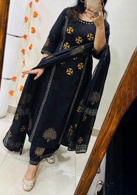 Black Printed Cotton Kurta Set