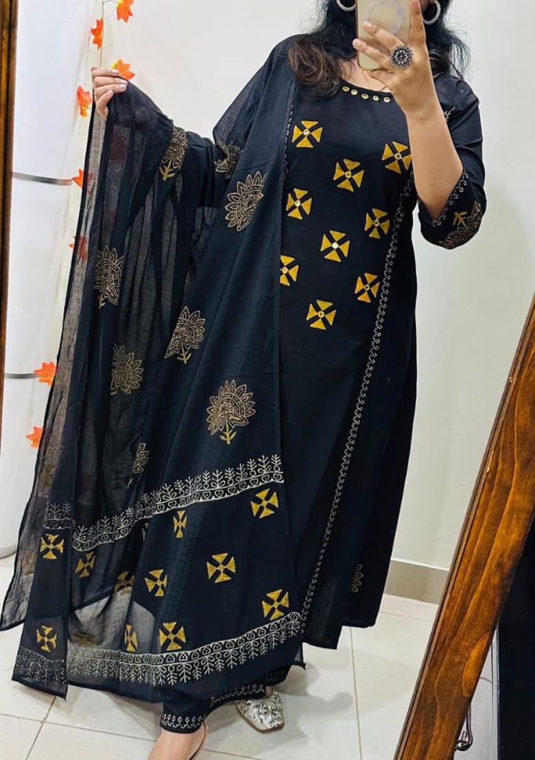 Black Printed Cotton Kurta Set - Indya