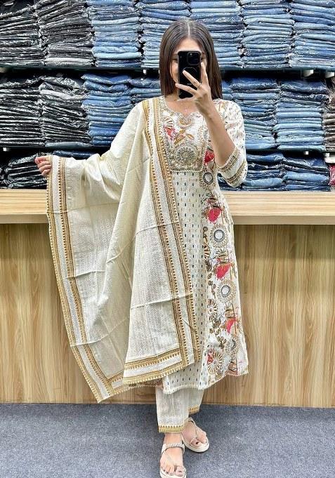 White Embroidery Cotton Kurta Set