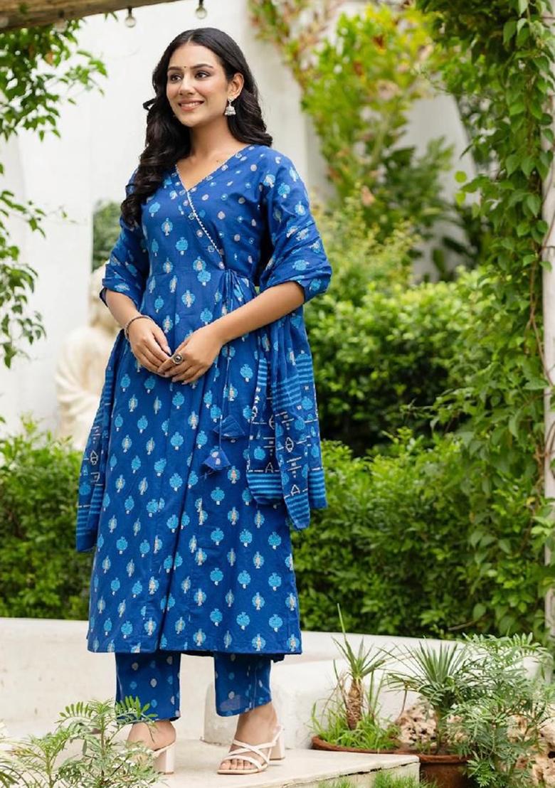Blue Printed Cotton Kurta Set - Indya