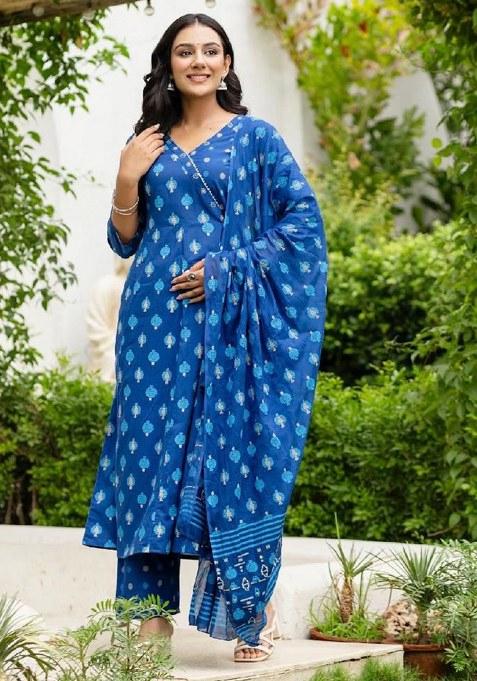 Blue Printed Cotton Kurta Set