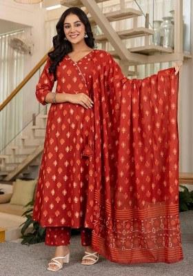 Orange Printed Cotton Kurta Set