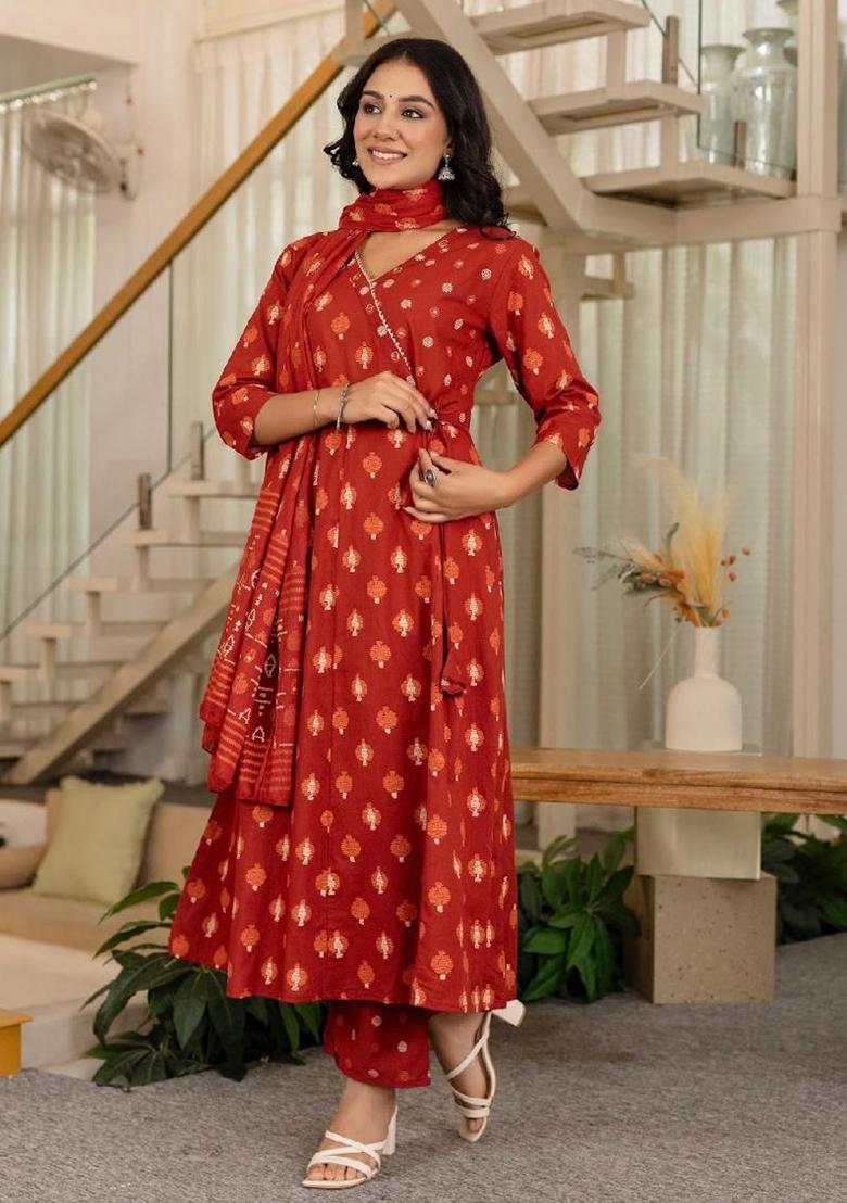 Orange Printed Cotton Kurta Set - Indya