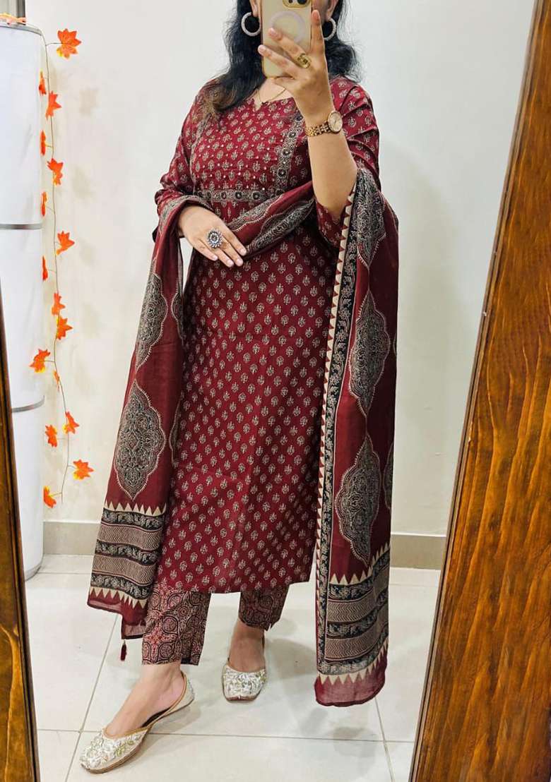 Red Printed Cotton Kurta Set - Indya