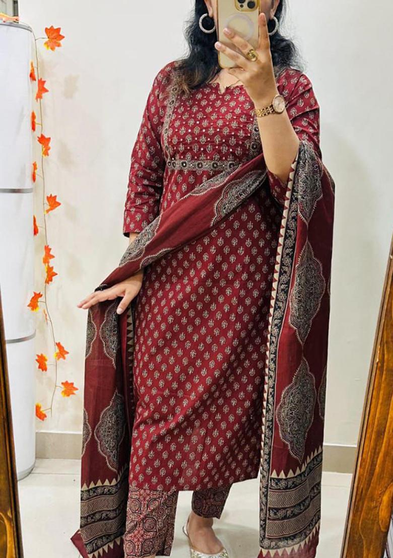 Red Printed Cotton Kurta Set - Indya