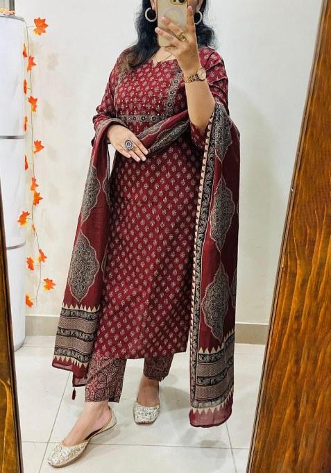 Red Printed Cotton Kurta Set