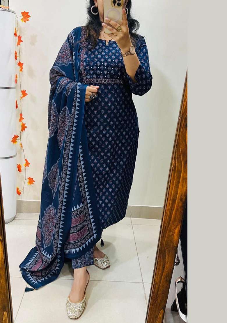Blue Printed Cotton Kurta Set - Indya