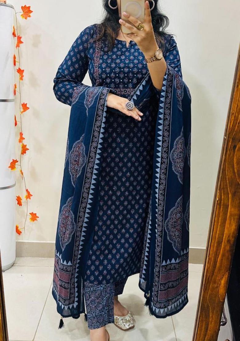 Blue Printed Cotton Kurta Set - Indya