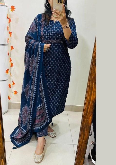 Blue Printed Cotton Kurta Set