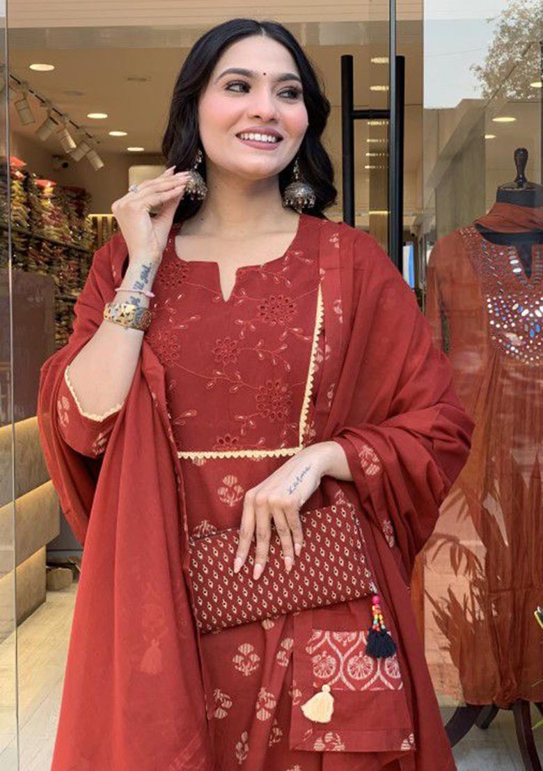 Rust Embroidery Cotton Kurta Set - Indya