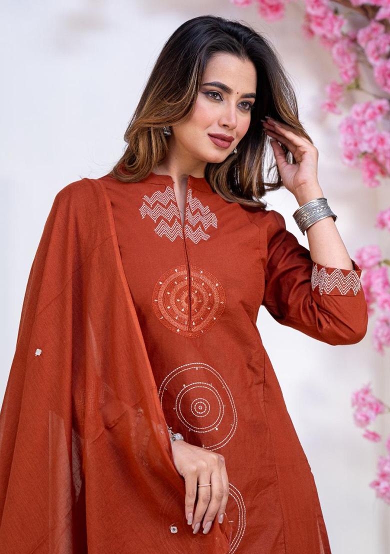 Rust Printed Cotton Kurta Set - Indya