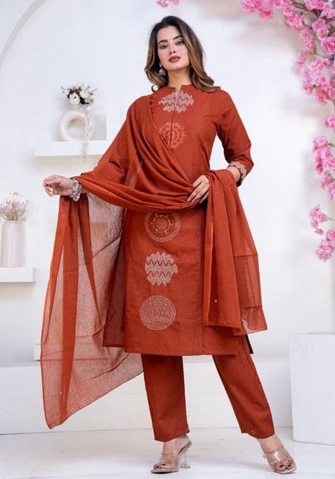 Rust Printed Cotton Kurta Set
