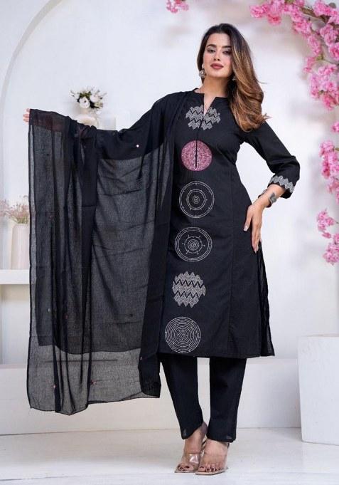 Black Printed Cotton Kurta Set