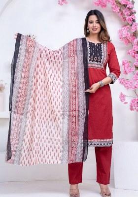 Red Printed Cotton Kurta Set