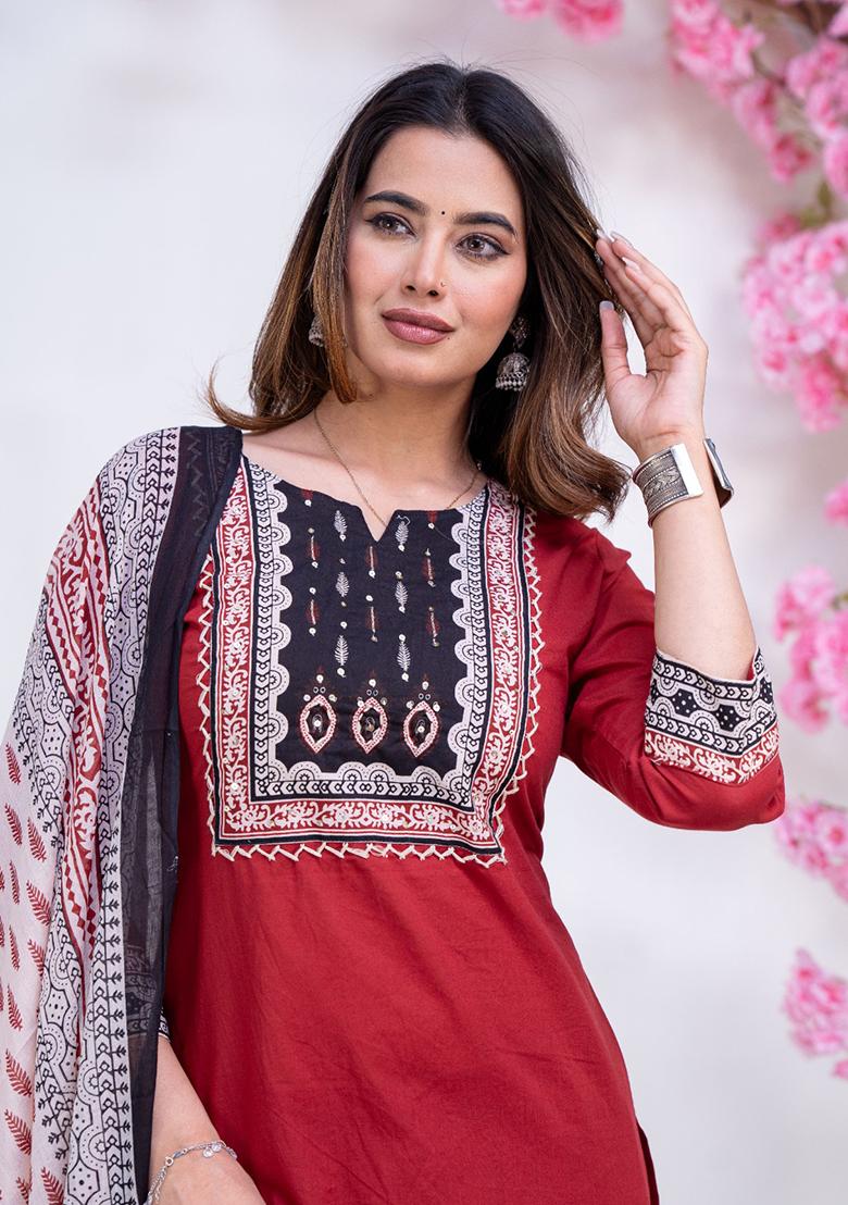 Red Printed Cotton Kurta Set - Indya