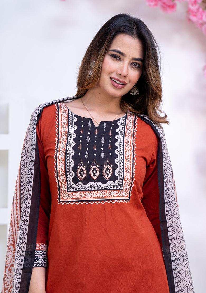 Orange Printed Cotton Kurta Set - Indya