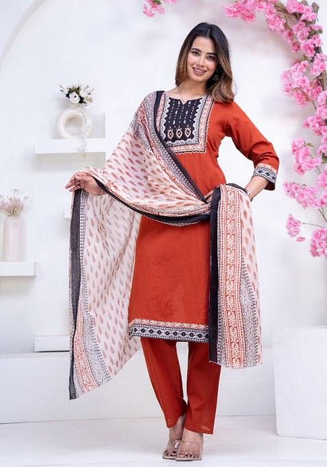 Orange Printed Cotton Kurta Set
