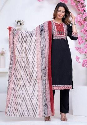 Black Printed Cotton Kurta Set