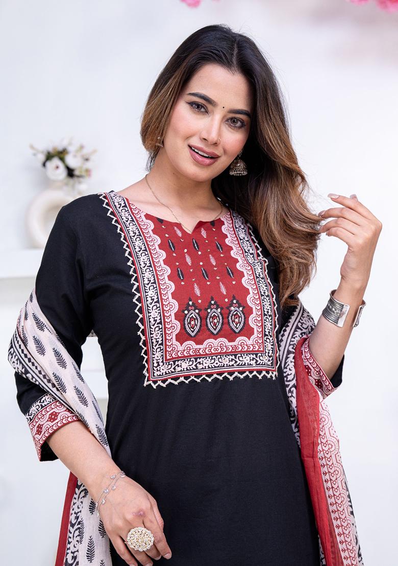 Black Printed Cotton Kurta Set - Indya