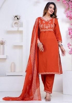 Rust Printed Cotton Kurta Set