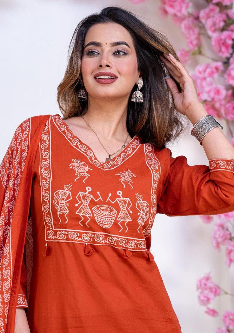 Rust Printed Cotton Kurta Set - Indya