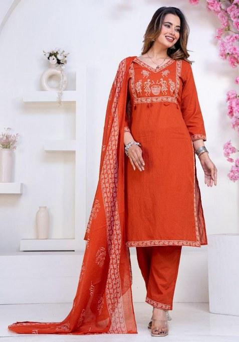 Rust Printed Cotton Kurta Set