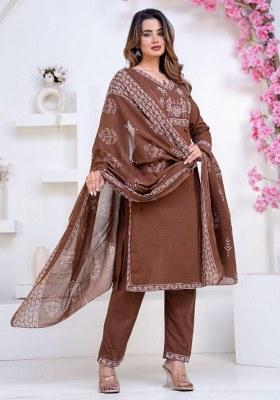 Brown Printed Cotton Kurta Set