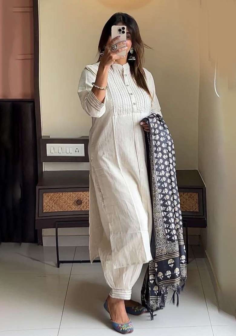 White Embroidery Cotton Kurta Set - Indya