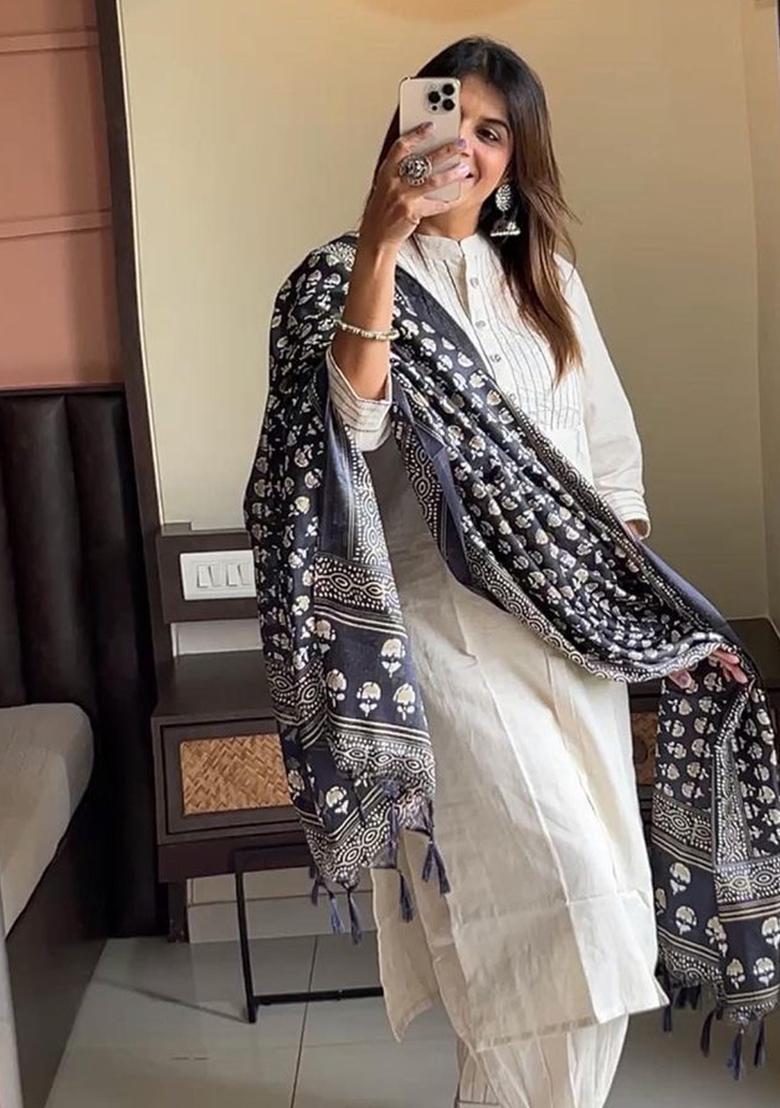 White Embroidery Cotton Kurta Set - Indya