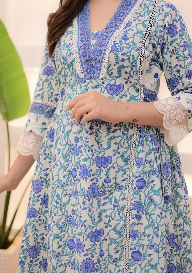 Blue Embroidery Cotton Kurta Set - Indya