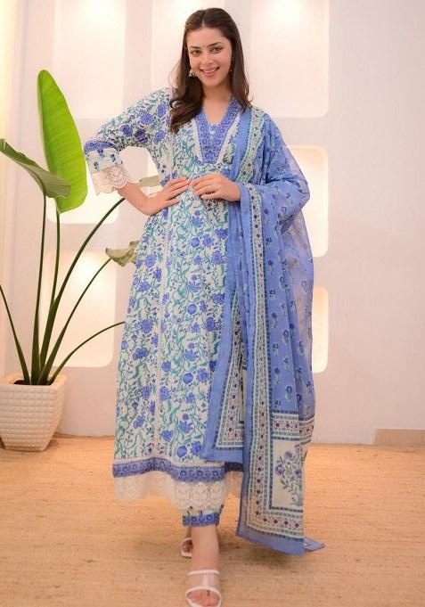Blue Embroidery Cotton Kurta Set