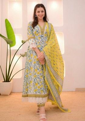 Yellow Embroidery Cotton Kurta Set